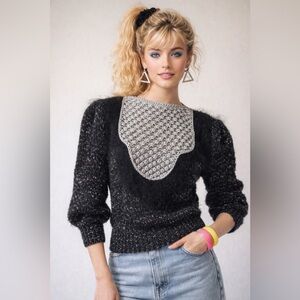 Vintage Hand Knit Angora Blend Sweater | Bubble Sleeve Metallic Panel